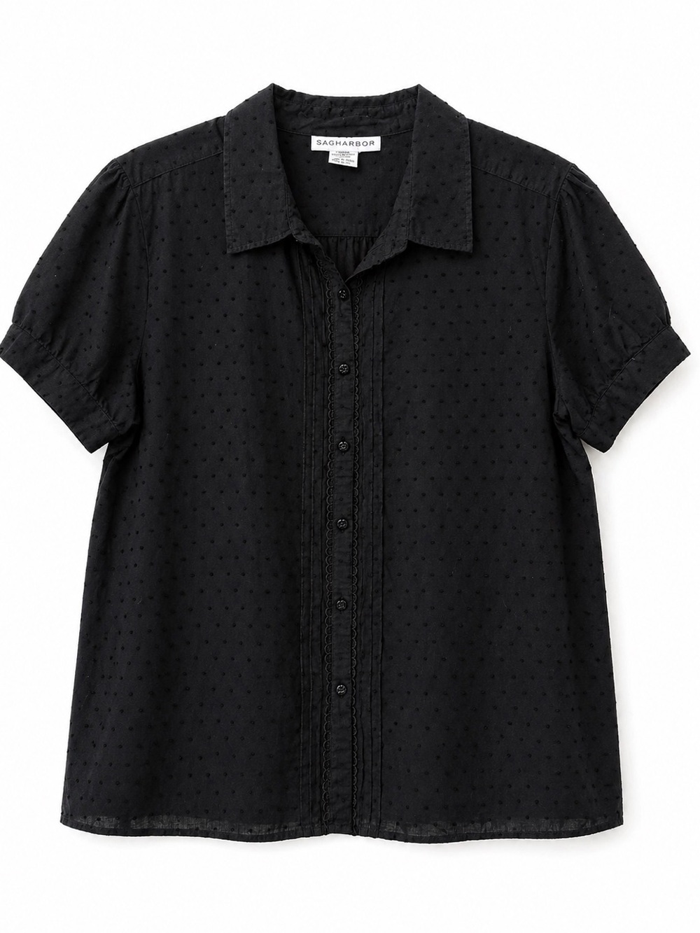 Sag Harbor Black Swiss Dot Button-Front Shirt short puff sleeves size XL